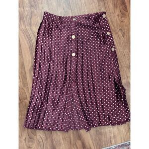 Zara Polka Dot Pleated Midi Skirt Burgundy Wine Button Front Large NWT
